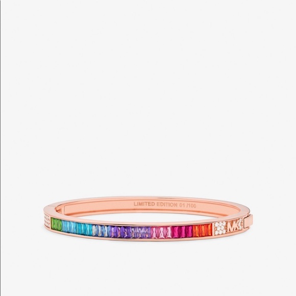 Michael Kors Limited Edition 14K Rose Gold Rainbow Pave’ Logo Bangle - Picture 1 of 5